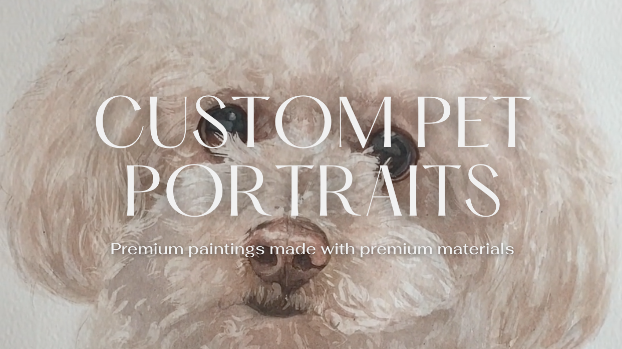 Load video: Custom watercolor pet portraits video describing mission, sizes available, and the fully customizable experience.